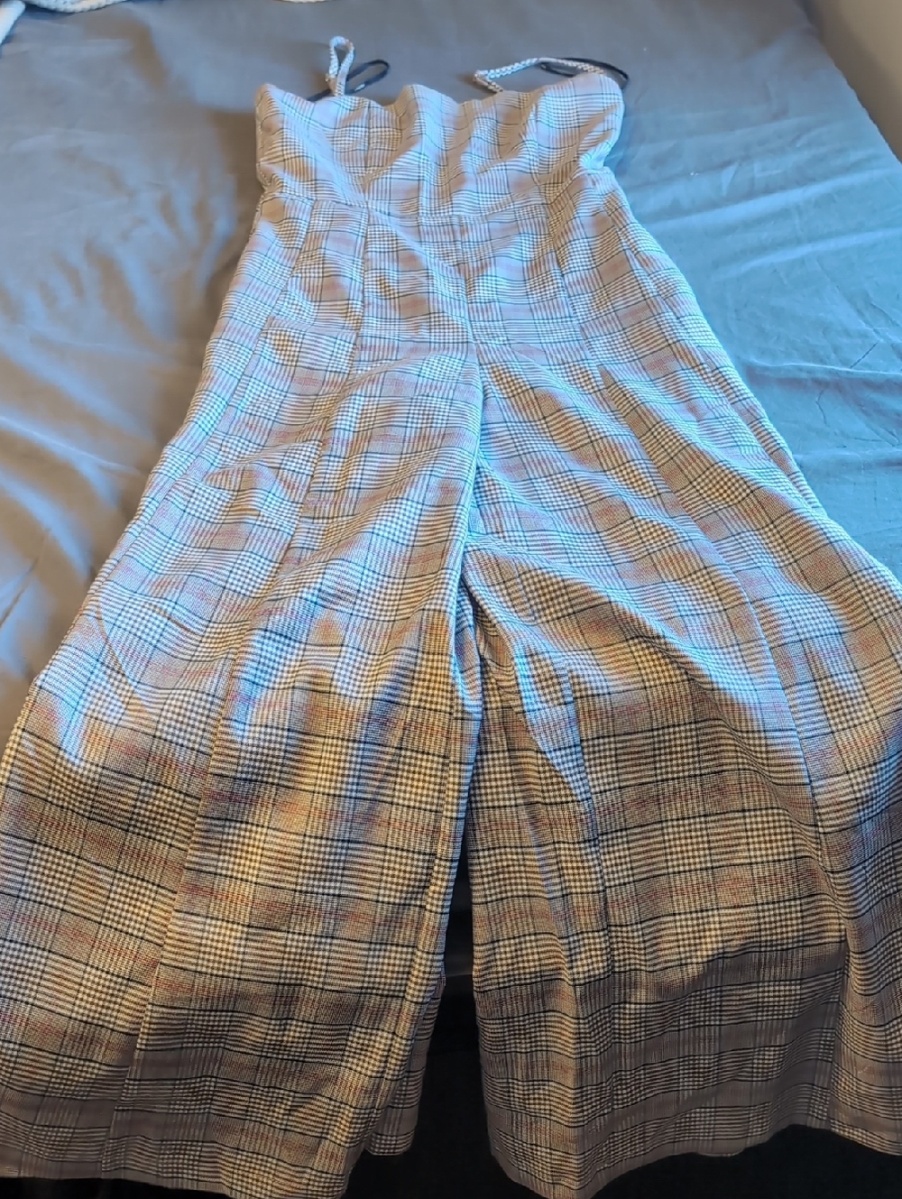 Forever 21 Plaid Wide-Leg Jumpsuit in Light Gray with Red Stripes